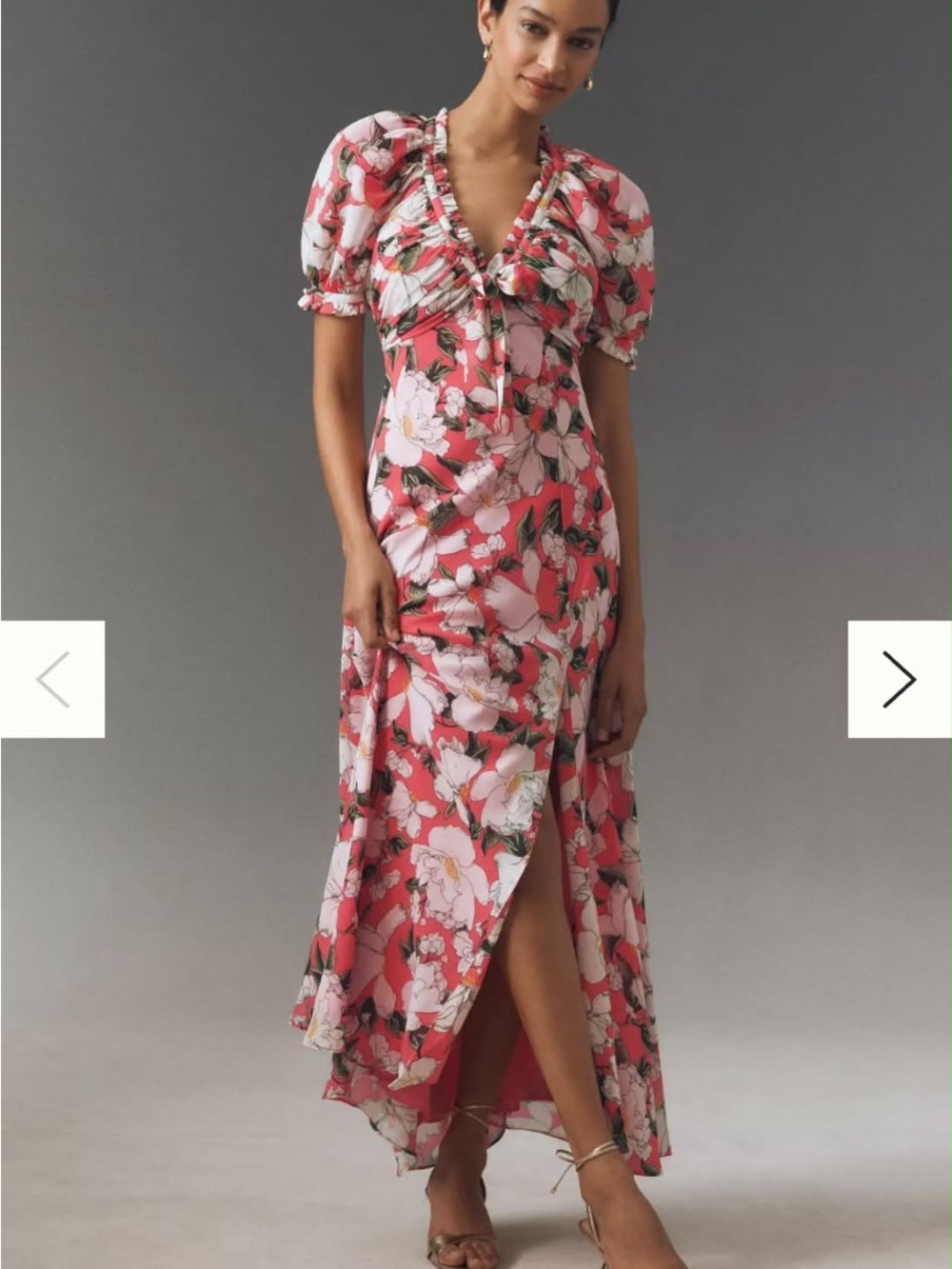 Anthropologie Coral Pink Floral Maxi Dress with Puff Sleeves